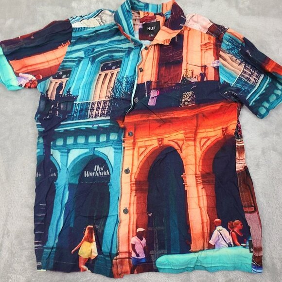 Huf Havana Resort Top Graphic Short Sleeve Bottom Down Shirt Men's Sz M.  A.O.P‎ - Picture 1 of 12